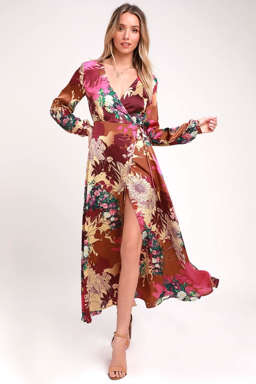 Lulus + Floral Print Satin Wrap Maxi Dress